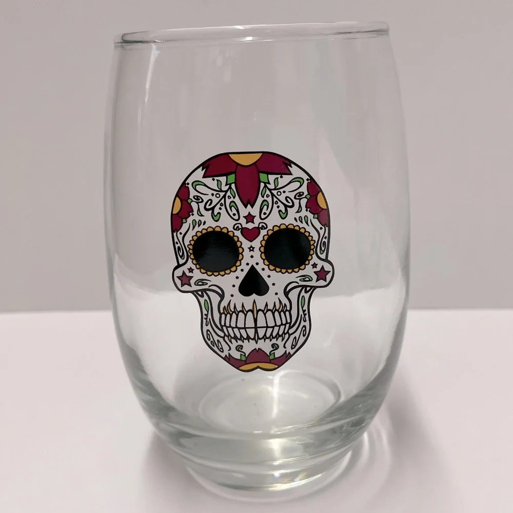 Day of the Dead Sugar Skull Stemless Wine Glasses and Plates Set NWT